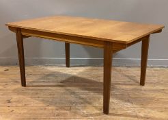 A mid-century teak extendable dining table, with fold-out leaf to centre, raised on tapered square