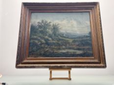 A 19thc School, Forest lake study with figures and house to background, oil on canvas, signed and