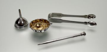 A collection of silver and epns to include an Edwardian Birmingham silver perfume funnel:h. x 5.