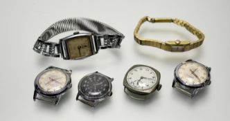 A collection of six various vintage watches to include a Timex black dial watch: d. x 2.5cm working,