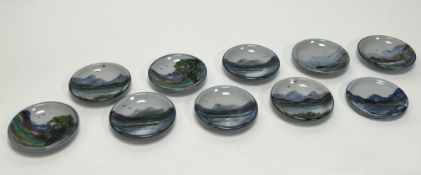 A collection of ten Highland Stoneware trinket dishes, hand painted with Scottish landscape