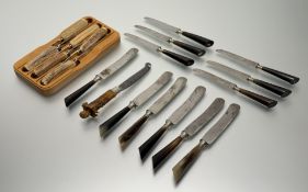A cased set of six Lewis Rose & Co Ltd Sheffield stainless steel stags horn handled steak knives: l.
