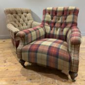 A pair of contemporary armchairs, rolled top and button-backs upholstered in contrasting brown and