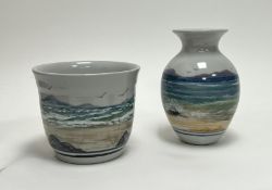 A Highland Stoneware vase of bulbous form with fluted neck, decorated with Scottish beach scene (