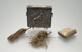 A late 19thc Russian brass prayer holder of rectangular domed hinged top form with chased St