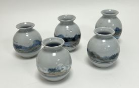 A collection of five Highland Stoneware squat bud vases, each hand painted with a Scottish landscape