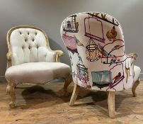 A pair of contemporary armchairs by Graham & Green, arched tops over button-backs and padded
