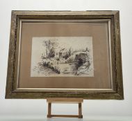 A Sketch of a rural house amongst the trees with river and bridge, ink and wash on paper, unsigined,