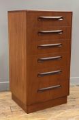 A mid-century teak chest of drawers by G-Plan, fitted with six graduated long drawers to front on
