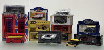 A collection of misc miniature car models comprising, a Lledo Tetley Tea Bags Van, a New-Ray Audi