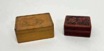 A Chinese cinnabar lacquer box with carved design of the three teachings with pine trees, together