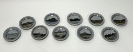A collection of ten Highland Stoneware small trinket dishes, each decorated with Scottish