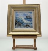 Leila Aitken (Scottish 1933-) Crashing Waves with Bass Rock, oil on cavnas, signed bottom left,