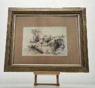 A Sketch of a rural house amongst the trees with river and bridge, ink and wash on paper, unsigined,