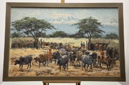 Constantine Kiswanta (African 20thc),Hearding Cows, oil on canvas, signed bottom left, framed. (57.