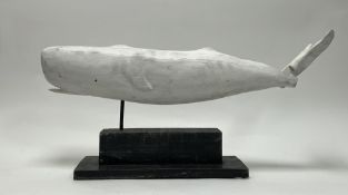 Ramsay Gillies, Folk Art - A wooden sculpture of a Sperm Whale with hinged mouth and tail, raised on