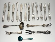 A Danish 1930s 830 standard set of six pairs of silver fish knives with cast blades: l. x 20cm and