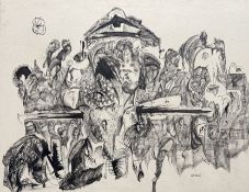 Raczkowski (European 20thc School), A Dystopian Style Sketch, pen and wash on paper, signed bottom