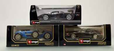 A trio of boxed Burago 1:18 scale model cars comprising, a Bugatti Type 59 (1934), a Aventador