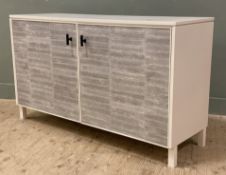 A modern bespoke sideboard cabinet, rectangular top over twin doors to front covered in gray