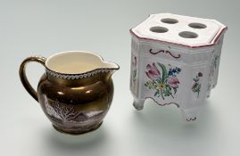 A Wedgwood Fallow Deer pattern copper lustre jug (h-9cm) together with a Lunéville French hand-