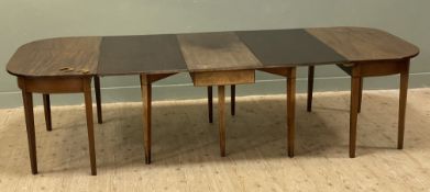 A Georgian mahogany three-part dining table, twin D-ends and central section with drop-leaves,
