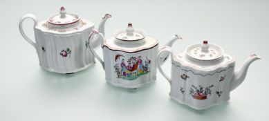 A group of three various porcelain teapots comprising, a 19thc Newhall teapot with hand-painted with