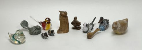 A large collection of bird sculptures and figures of various forms comprising a Selkirk Glass