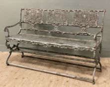 A French alloy three-seater garden bench, with verdigris and iron patinated finish panels to back