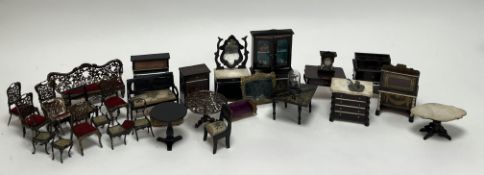 A large collection of vintage doll's house furniture and decoration comprising a gilt over mantle