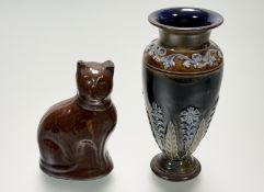 A Scottish Pottery treacle glazed cat shaped money box (h- 13cm chip to ear) together with a Royal