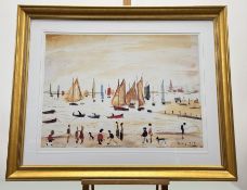 L.S Lowry, The Yachts, limited print 493/850, bllind stamp bottom left, in a glazed gilt frame. (