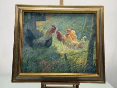 Maureen Briggs (Scottish Contemporary), Cockerel & hens, watercolour and gouche on board, signed