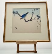 Seiko Okuhara Setsuko (Japanese 1837-1913), A bluebird Study, woodblock print, marked with artist