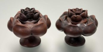 A pair of 20thc Chinese red clay lotus-form censers. (h-12cm) (2)