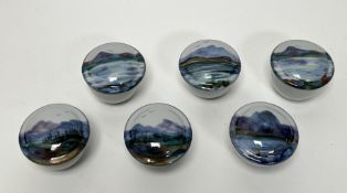 A collection of six Highland Stoneware small lidded dishes/trinket dishes decorated with Scottish