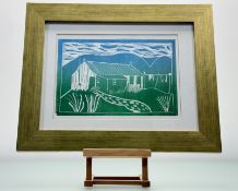 S.C, Woodland Cottage, woodblock print, initialled and dared 2018 bottom right, in a glazed