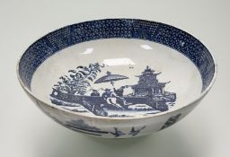 A late 19thc English blue and white chinoiserie pattern transfer printed pearlware footed bowl,