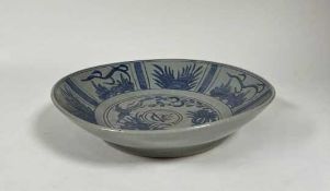 A Chinese blue & white VOC Dutch East India Co charger decorated in the Delft style with birds,