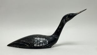 A large wooden hand-carved sculpture of a grebe, with painted marks to body, unmarked (l. 53cm x