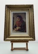 A 19thc School, Portrait of a seated old lady wearing a shawl, watercolour, unsigned, in a gilt