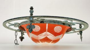 A Verdigris French metal circular light fitting, with scrolling edge and solitare screw fittings (