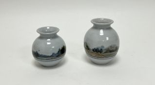 A Highland Stoneware bud vase, decorated with Scottish landscape scene (h. 12.5cm), together with