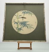 A trio of framed Chinese 20thc watercolours on silk ground, each depicting a bird perched in bamboos