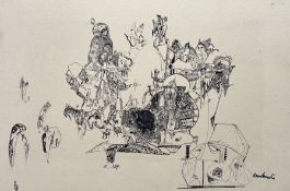 Raczkowski (European 20thc School), Sci-Fi Style Sketch with figures/creatures, pen on paper, signed