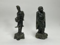 Two modern Chinese Jadeite figures, one of Guanyin modeled holding a fan, the other of a smiling