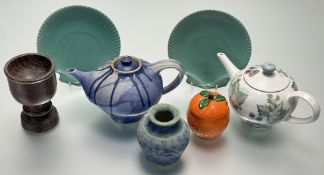 A collection of various decorative wares comprising, a retro ceramic orange shaped lidded pot (h-
