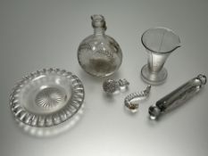 A collection of vintage glass to include: a fern etched wine ewer handle repaired H x 24cm, a