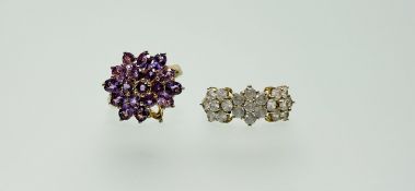 A modern 9ct gold white stone set triple floral cluster ring M/N 2.69g and a 9ct gold amethyst