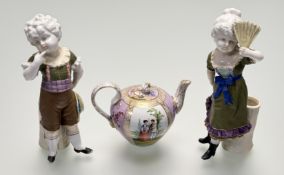 A pair of late 19thc Continental porcelain spill vase child figures with hand-painted decoration (